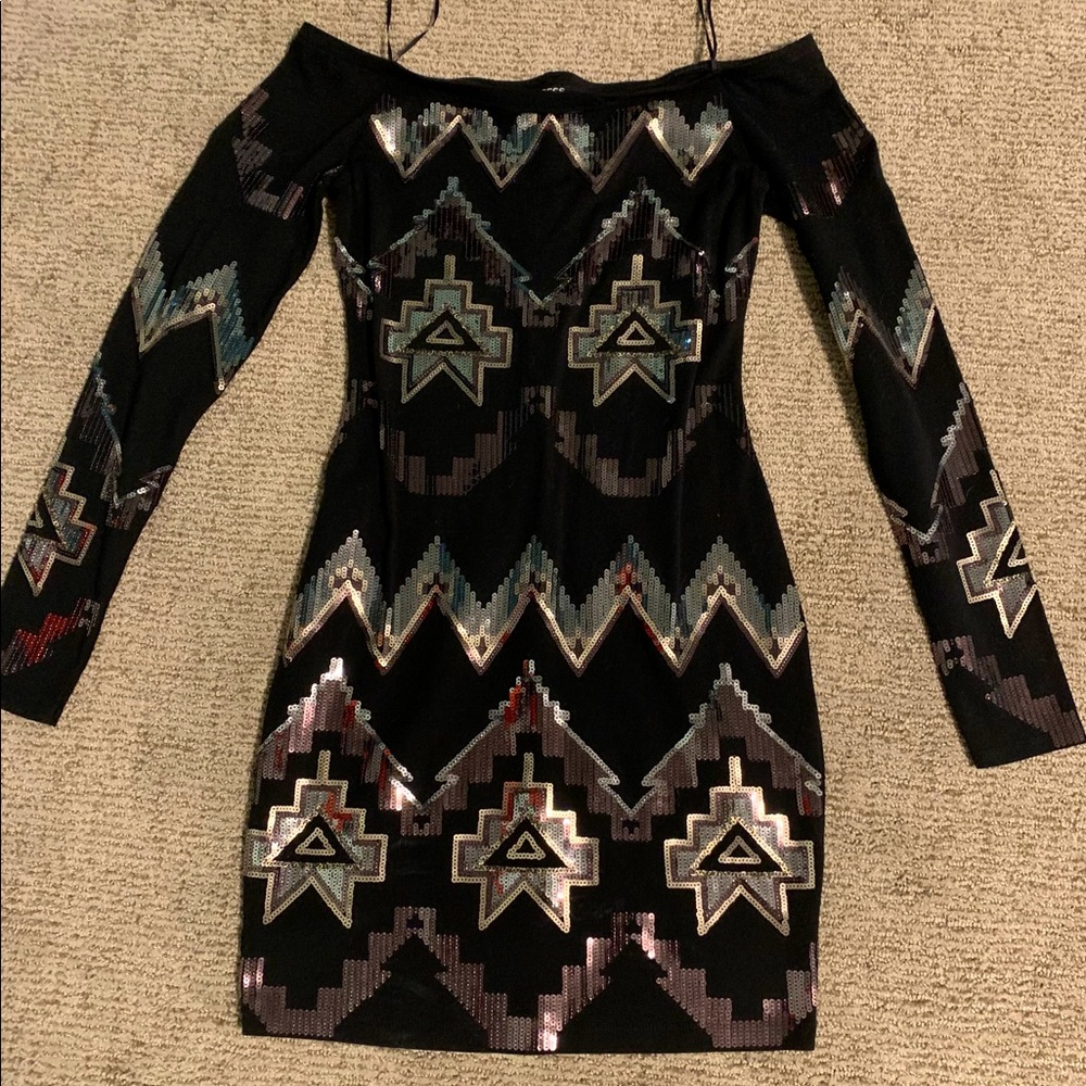 Express Aztec print black sequin dress